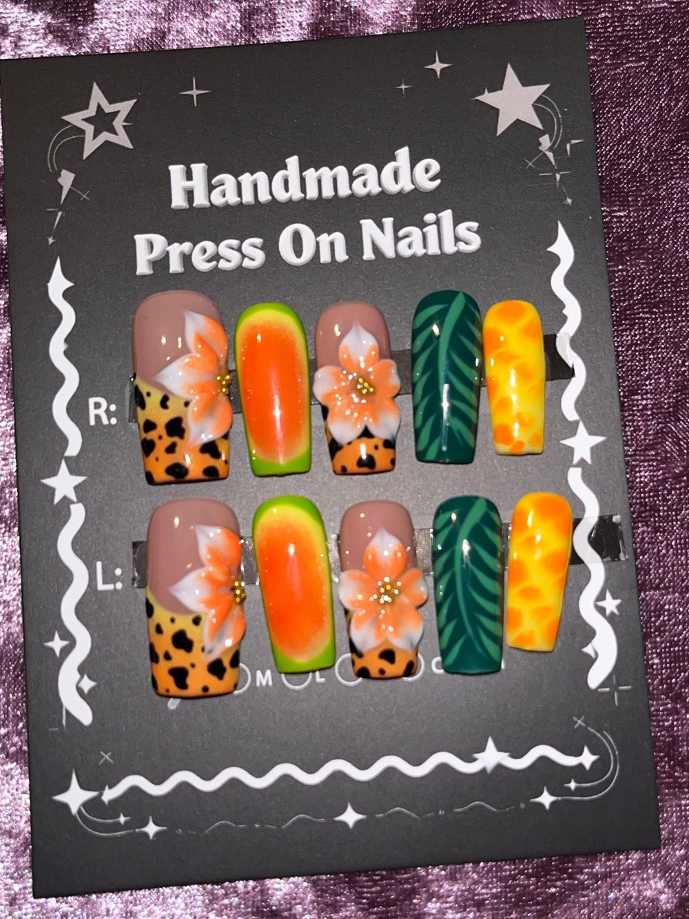 Handmade Orange & Green Floral Press-On Nails
